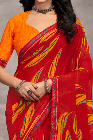 Majestic Red Chiffon Saree Featuring Digital Print & Graceful Lace Border