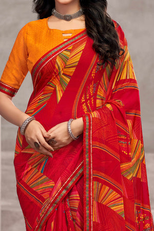 Majestic Red Chiffon Saree Featuring Digital Print & Graceful Lace Border