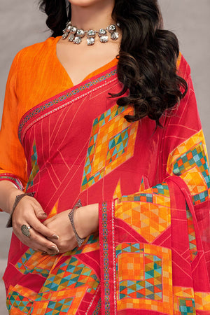 Majestic Pink Chiffon Saree Featuring Digital Print & Graceful Lace Border