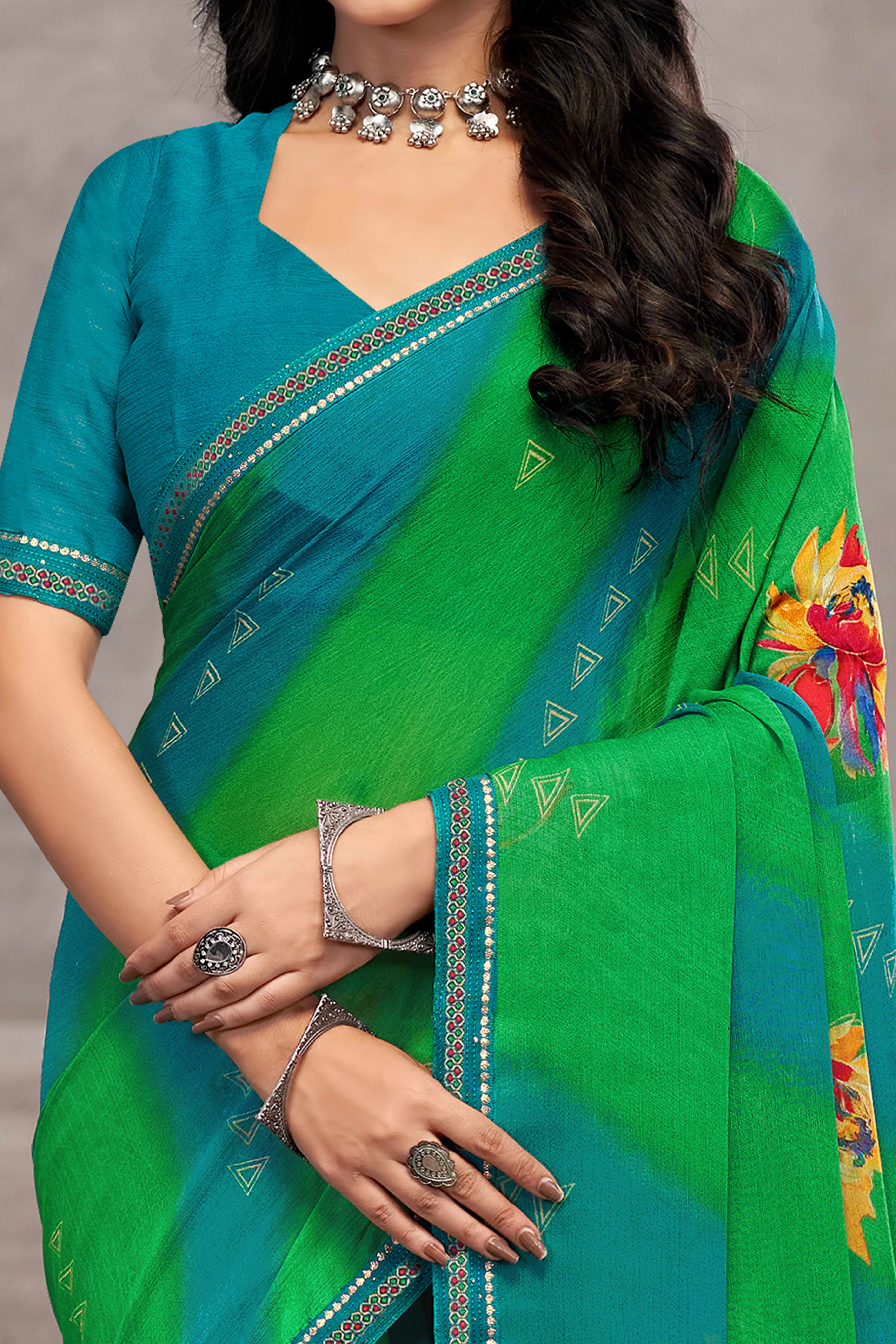 Elegant Green Chiffon Saree Featuring Digital Print & Graceful Lace Border
