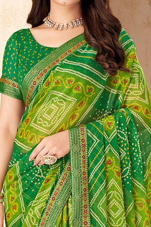 Olive Green Bandhani Printed Chiffon Saree Enhanced with Delicate Lace Border Work