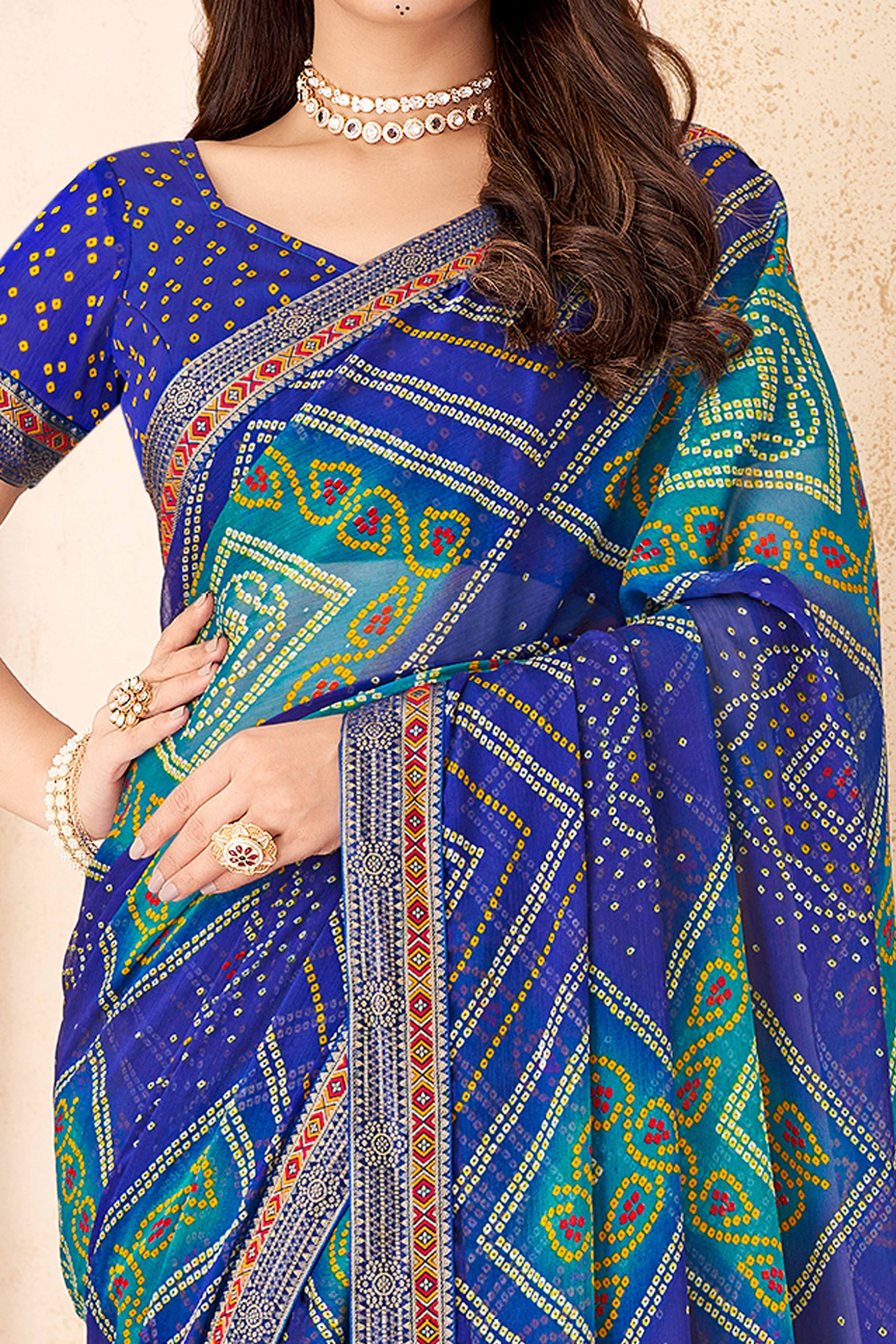Blue Bandhani Printed Chiffon Saree Enhanced with Delicate Lace Border Work