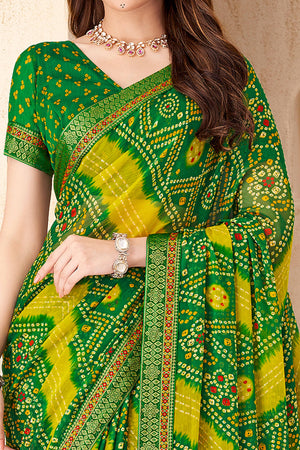 Green Bandhani Printed Chiffon Saree Enhanced with Delicate Lace Border Work