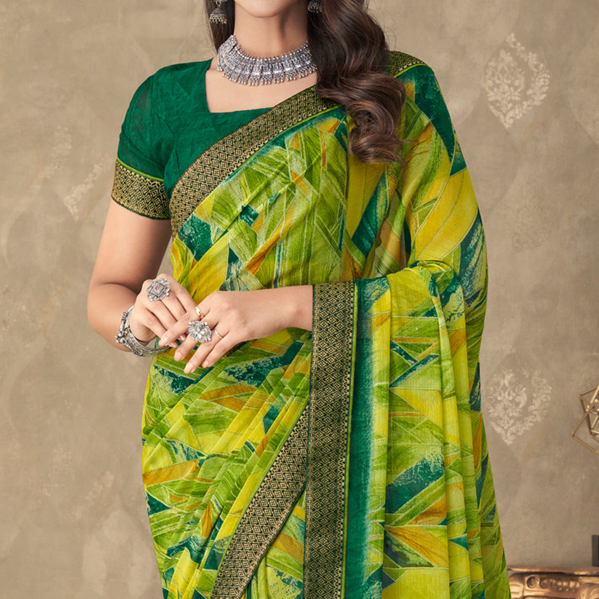 Green Digital Printed Chiffon Saree With Lace Border
