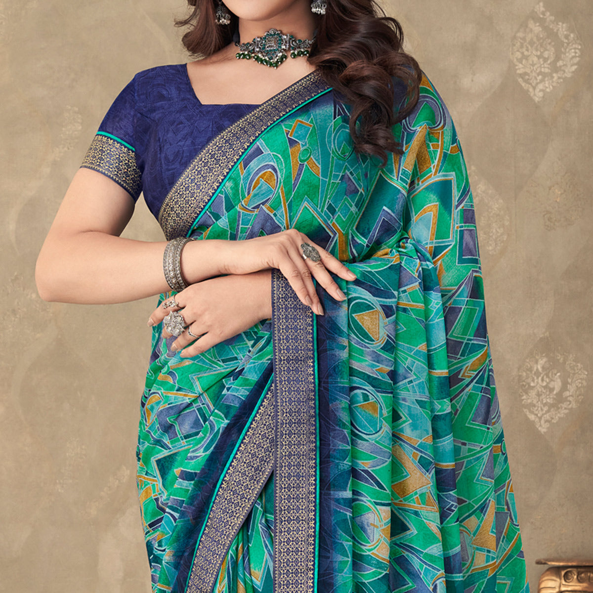 Teal Digital Printed Chiffon Saree With Lace Border