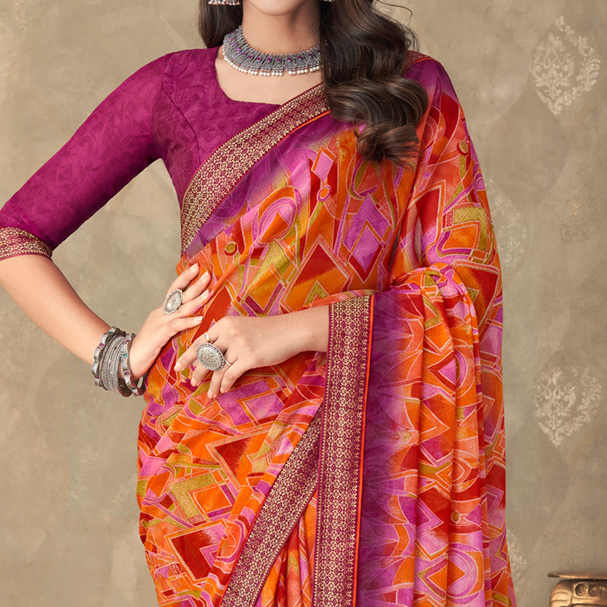 Orange Digital Printed Chiffon Saree With Lace Border