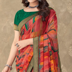 Salmon Pink Digital Printed Chiffon Saree With Lace Border
