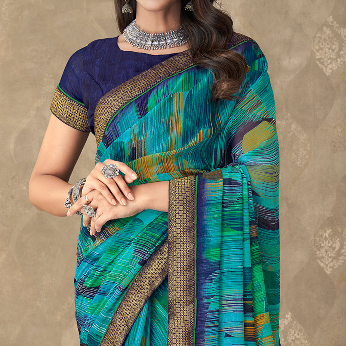 Turquoise Digital Printed Chiffon Saree With Lace Border