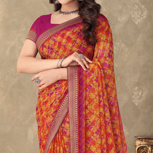 Orange Digital Printed Chiffon Saree With Lace Border