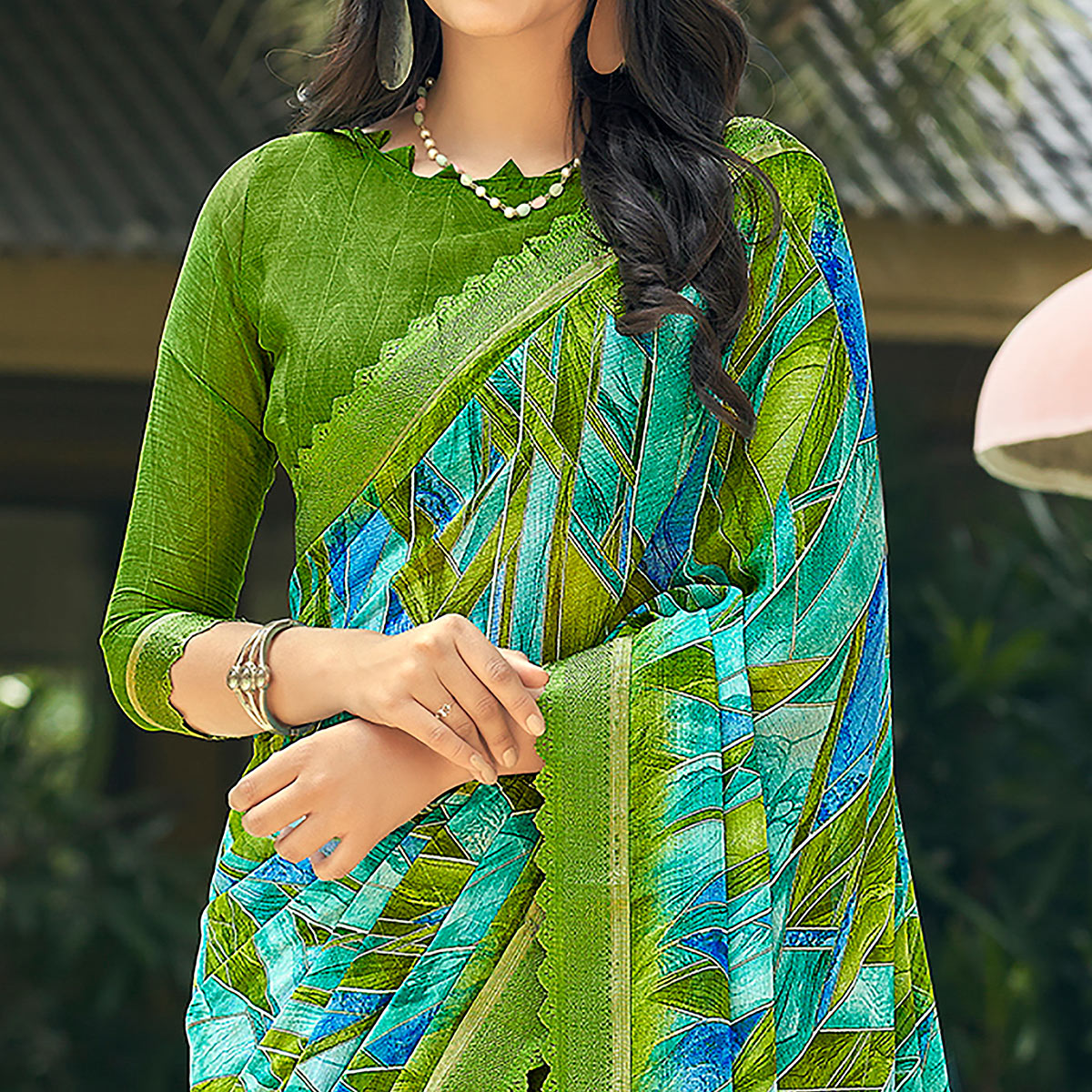 Blue & Green Geometric Printed Chiffon Saree