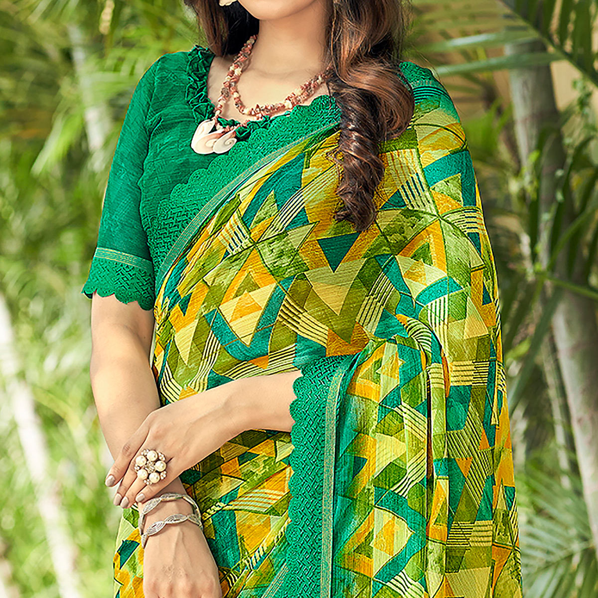 Yellow & Green Geometric Printed Chiffon Saree