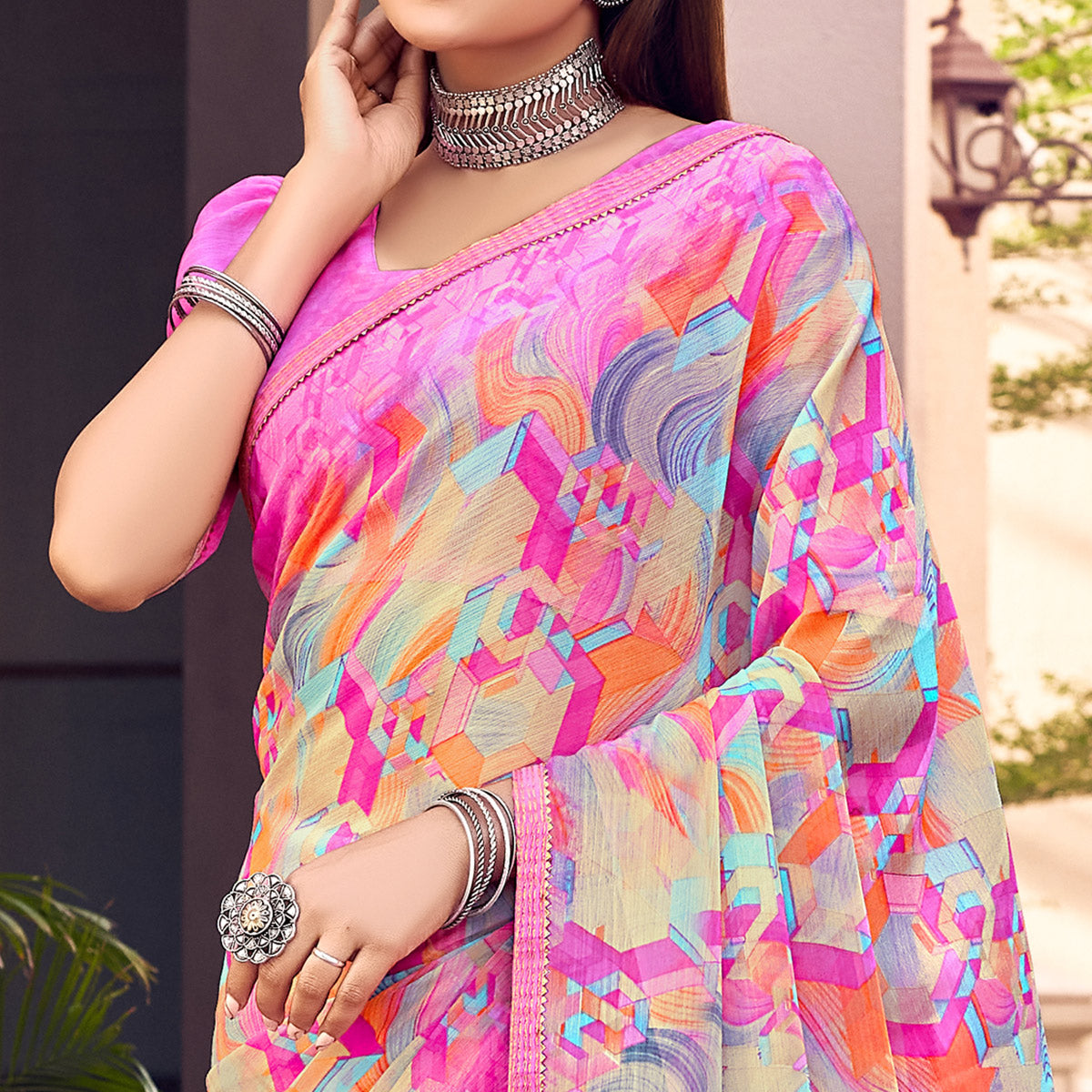 Pink Printed Chiffon Saree With Tassels