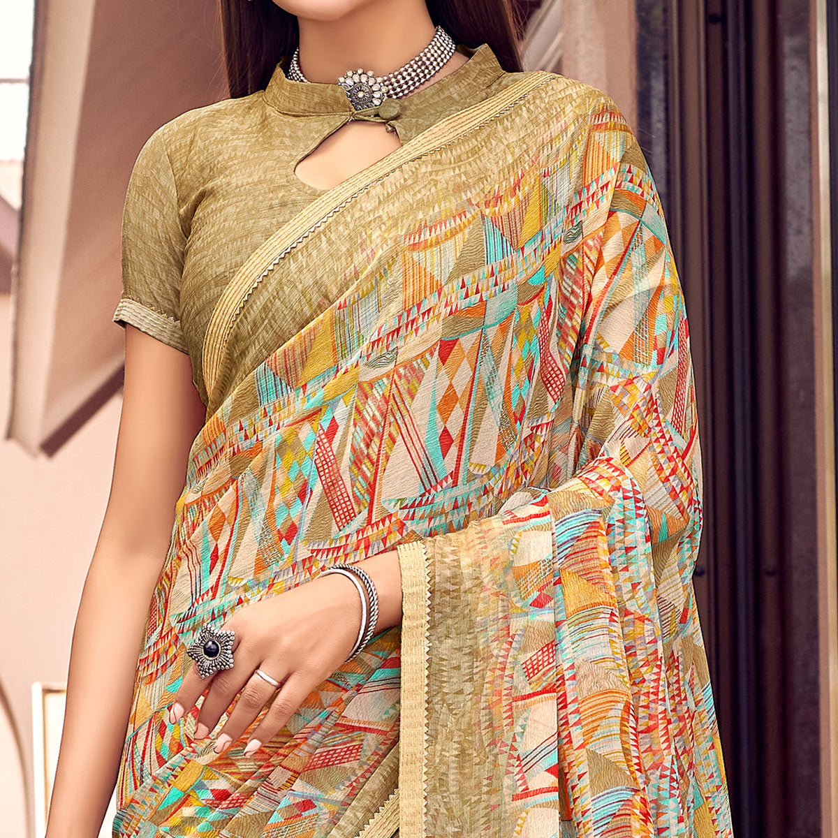 Multicolor Printed Chiffon Saree With Tassels