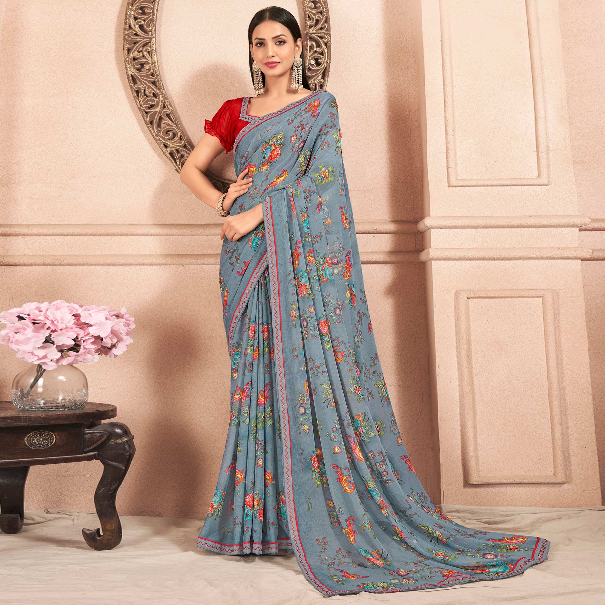 Grey Floral Printed Chiffon Saree With Lace Border