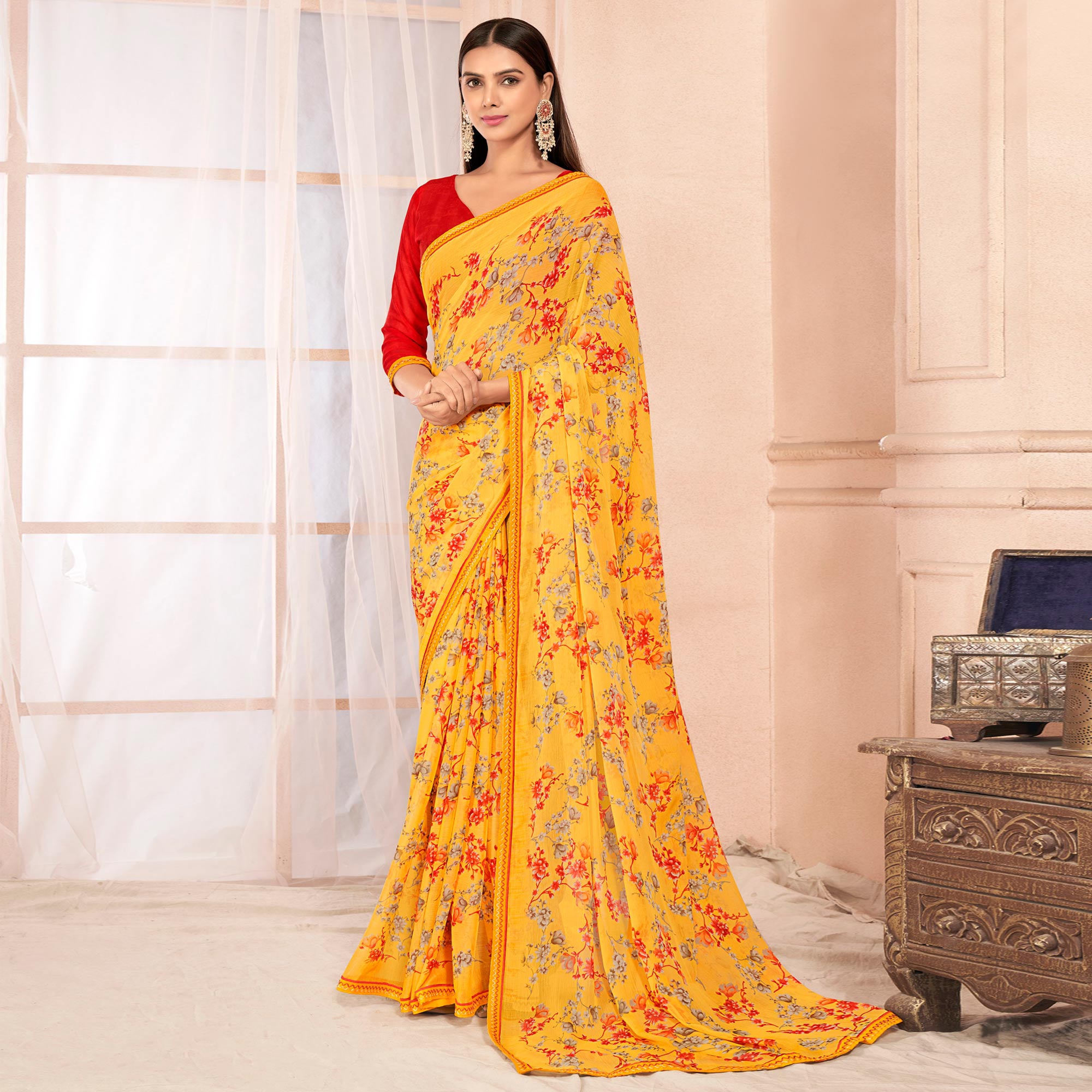 Yellow Floral Printed Chiffon Saree With Lace Border