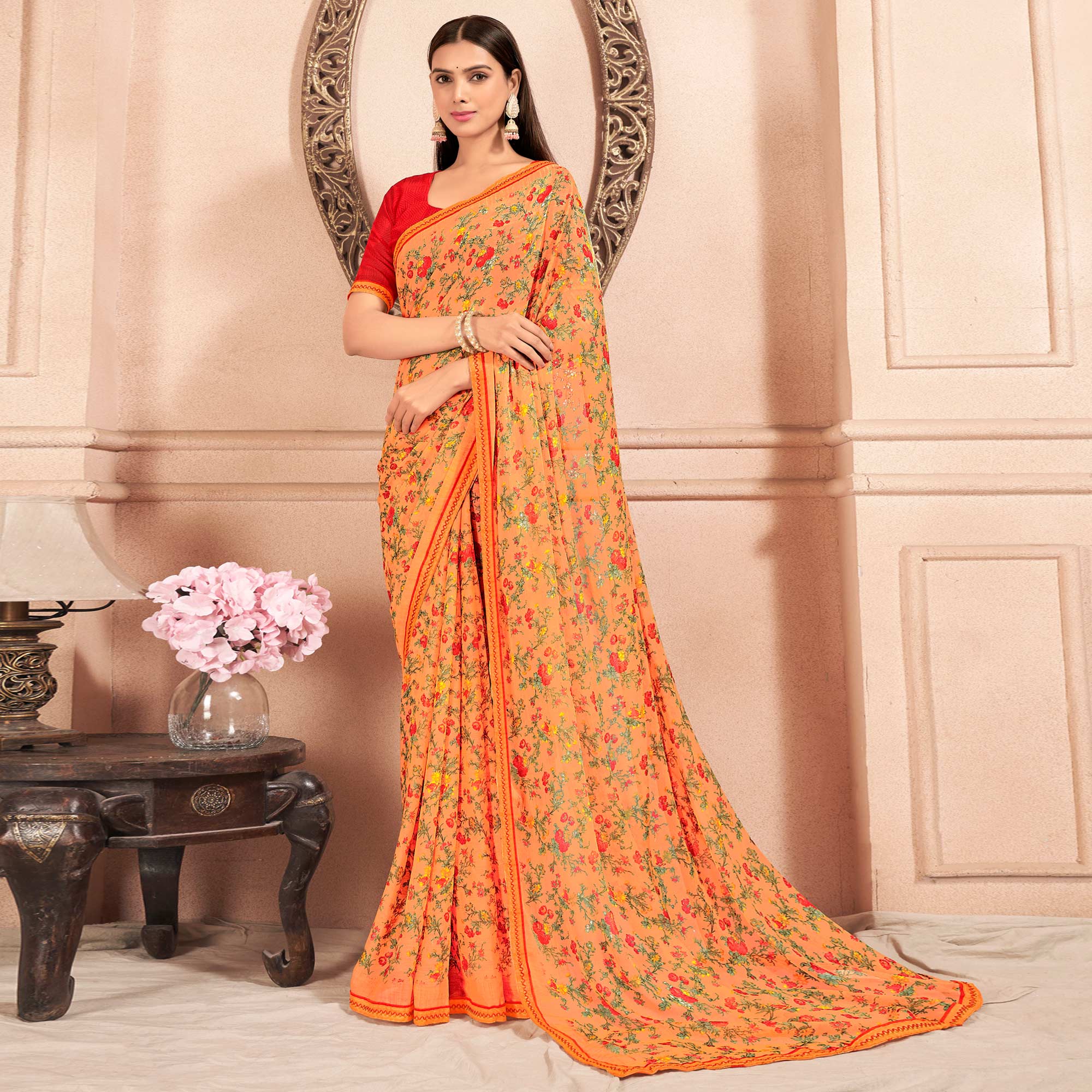 Orange Floral Printed Chiffon Saree With Lace Border