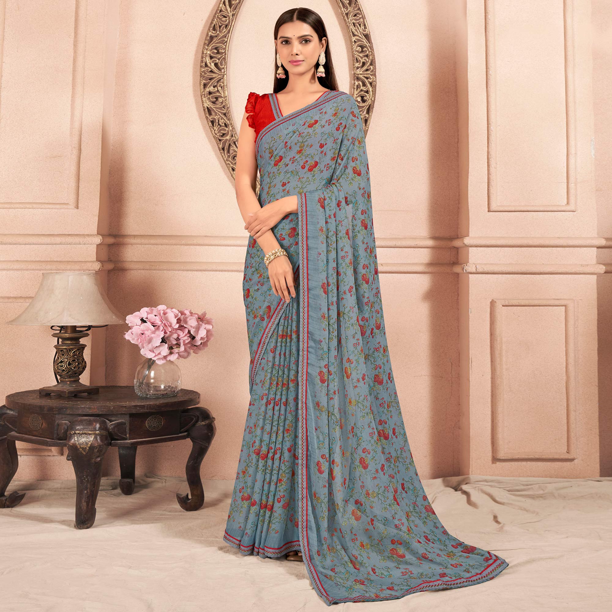 Grey Floral Printed Chiffon Saree With Lace Border