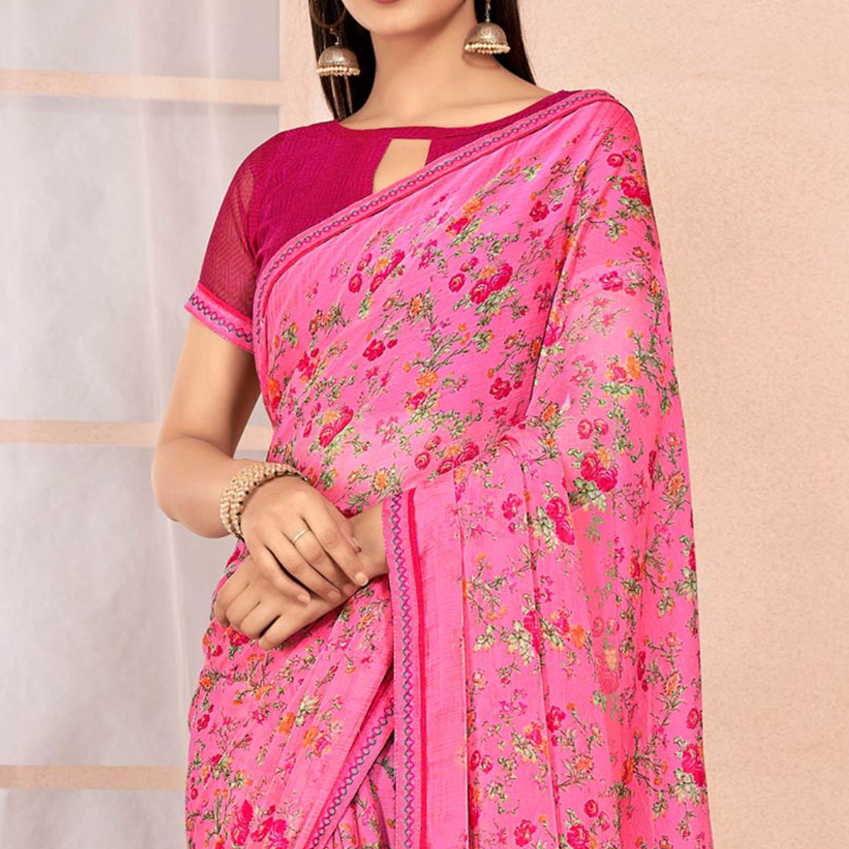 Pink Floral Printed Chiffon Saree With Lace Border