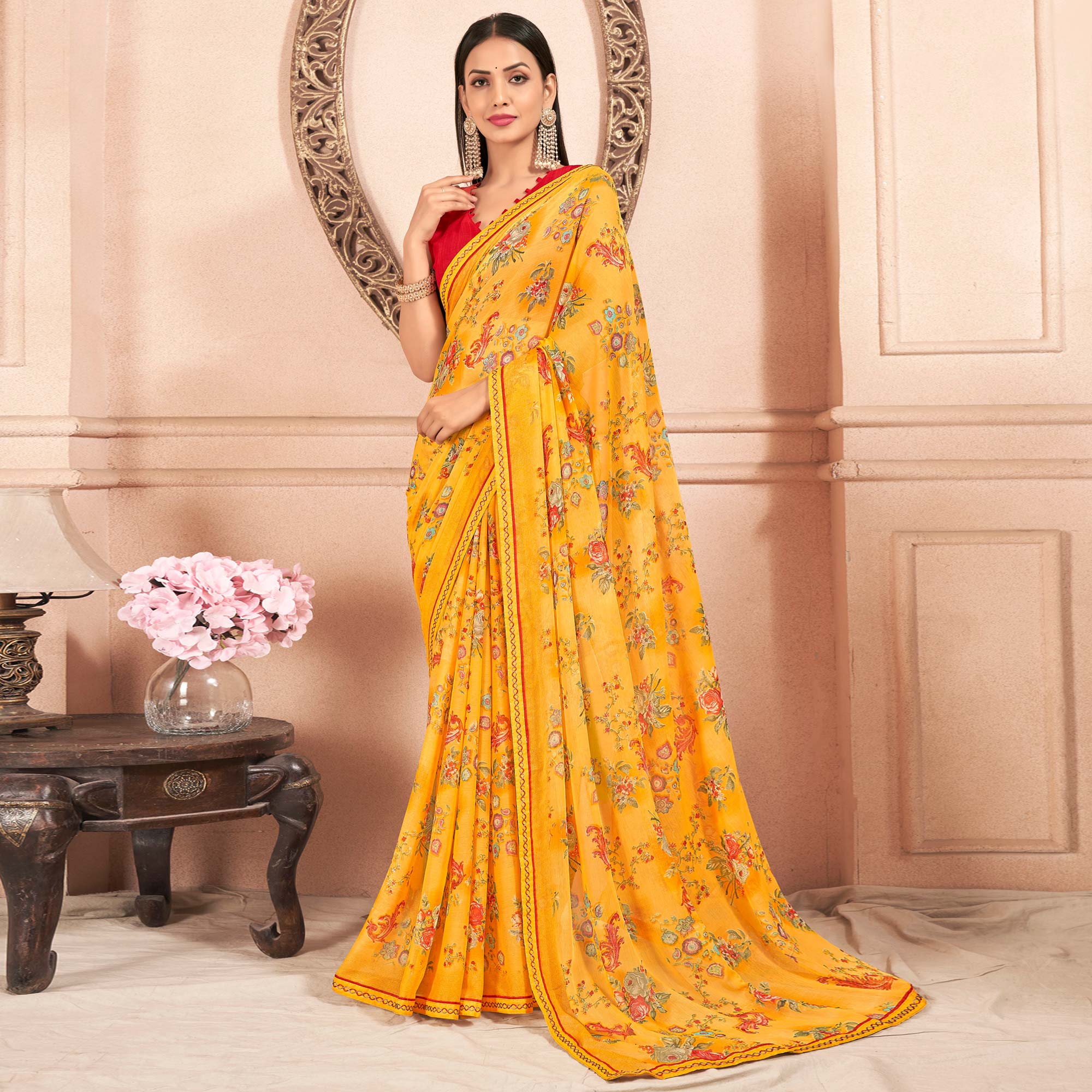Yellow Floral Printed Chiffon Saree With Lace Border