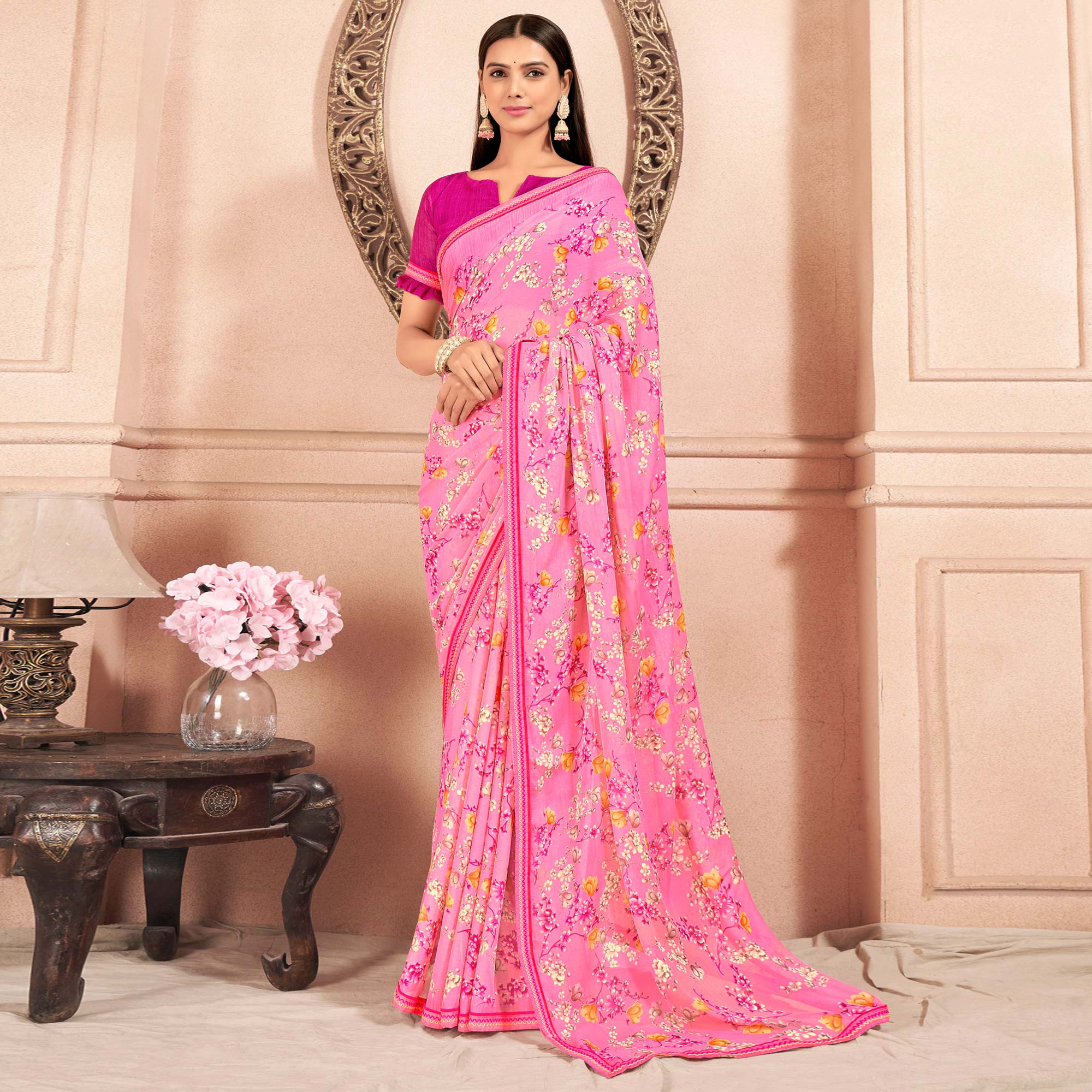 Pink Floral Printed Chiffon Saree With Lace Border