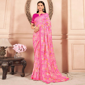 Pink Floral Printed Chiffon Saree With Lace Border