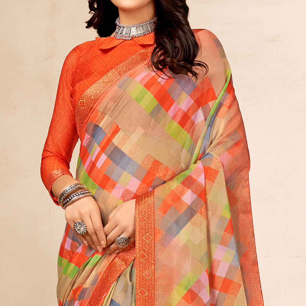 Orange Printed Chiffon Saree With Lace Border