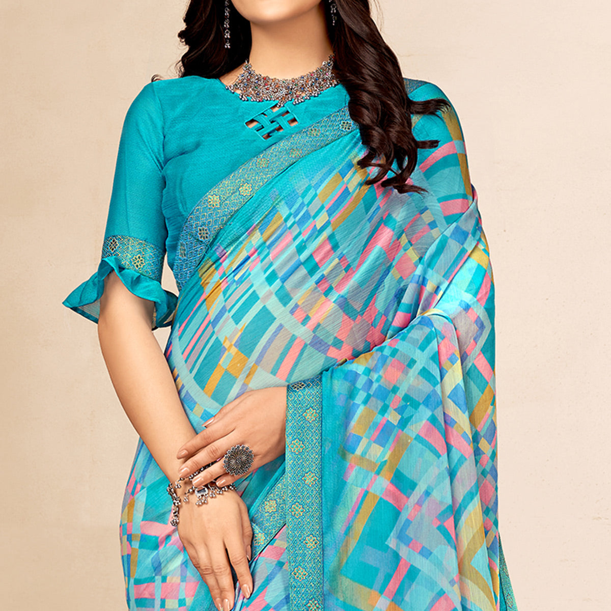 Blue Printed Chiffon Saree With Lace Border