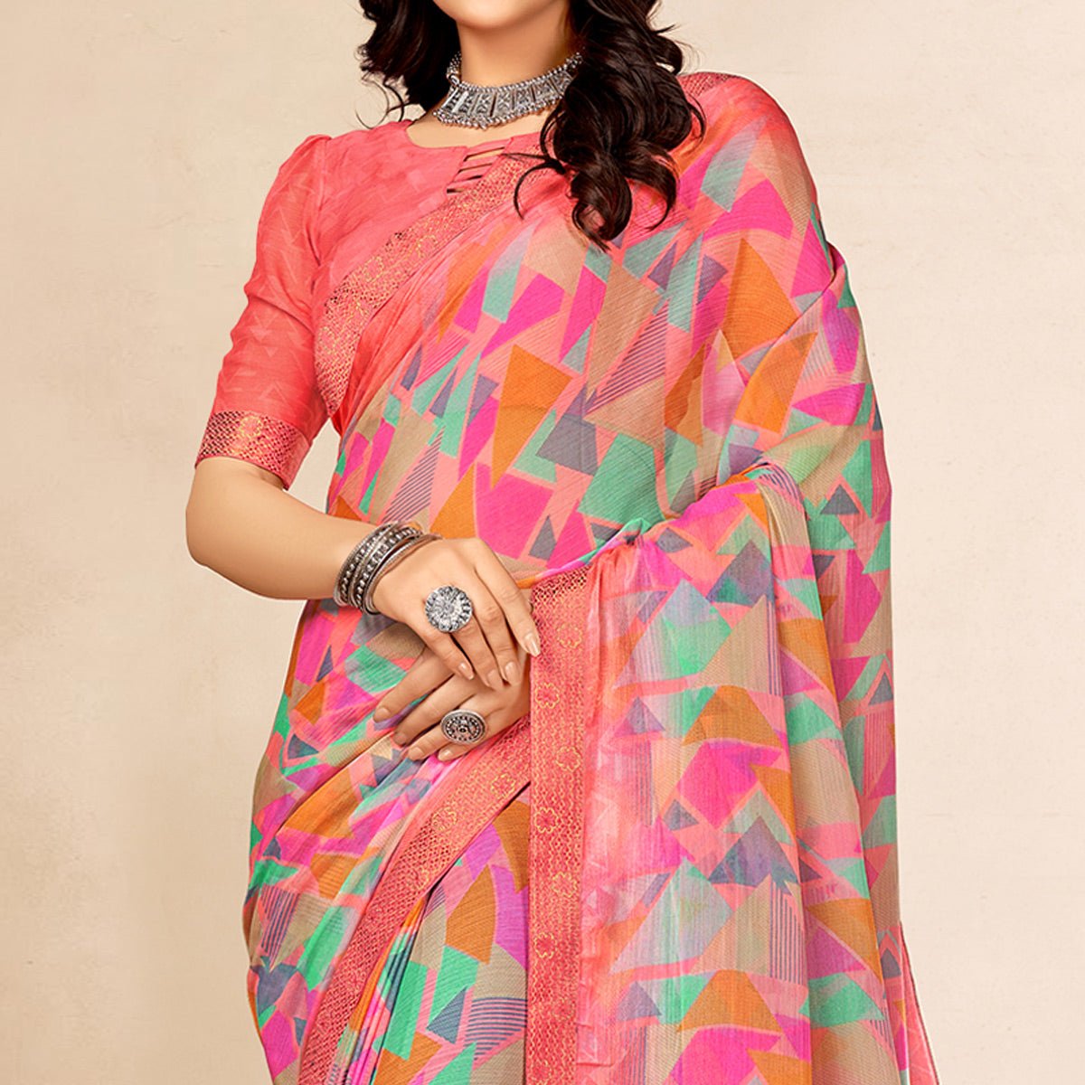 Peach Printed Chiffon Saree With Lace Border