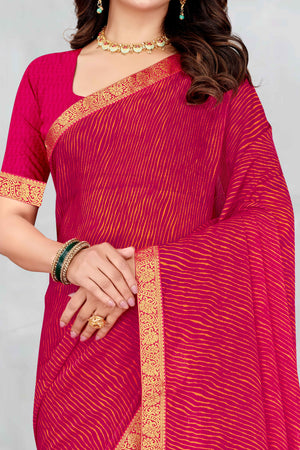 Pink Leheriya Printed Chiffon Saree Accented With A Graceful Floral Weaving Lace Border