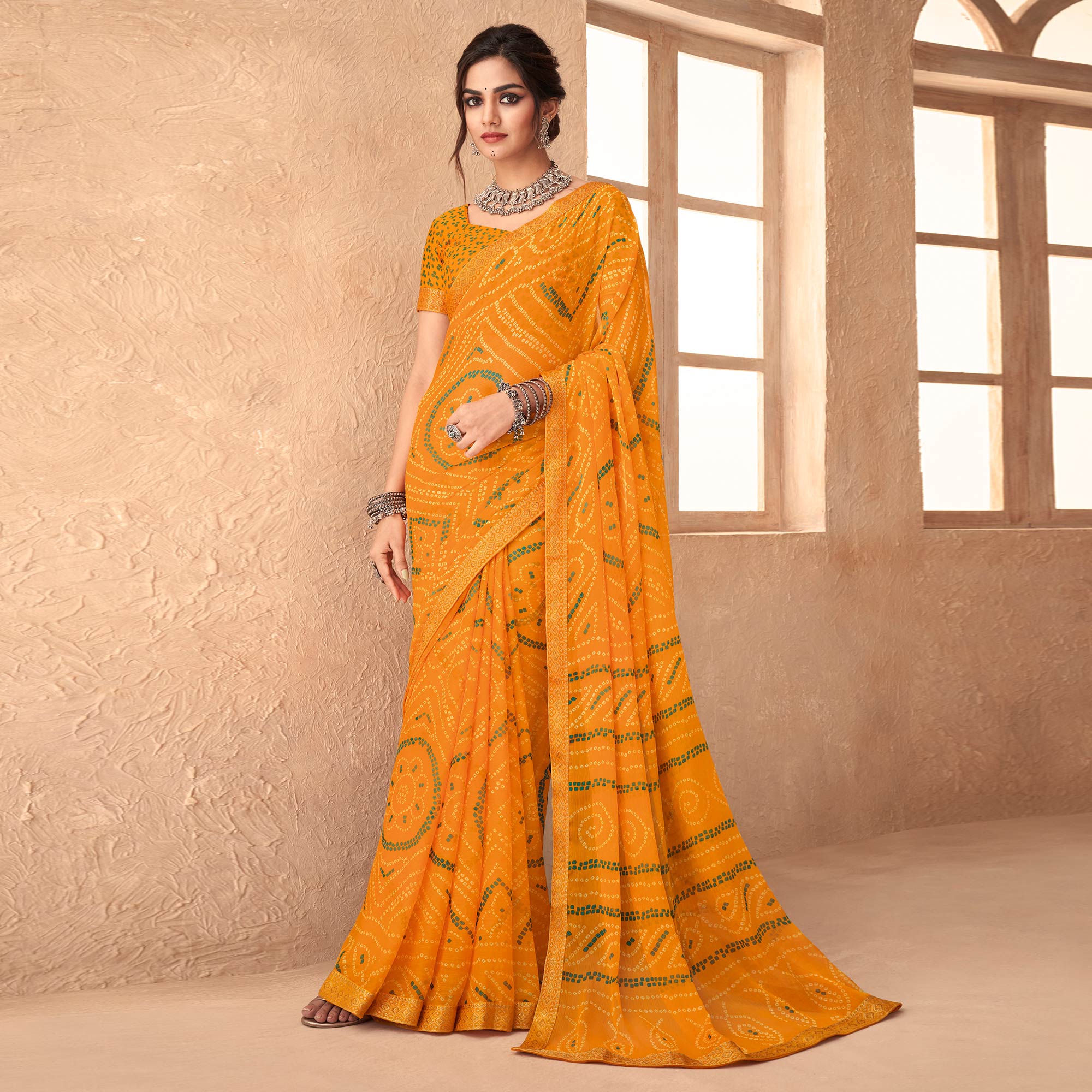 Yellow Bandhani Printed Chiffon Saree