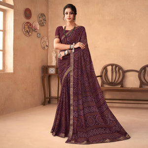 Wine Bandhani Printed Chiffon Saree