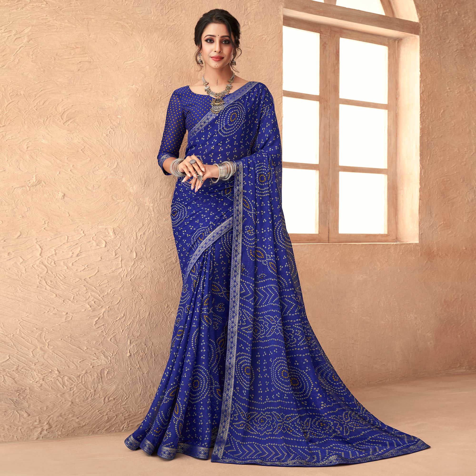 Blue Bandhani Printed Chiffon Saree