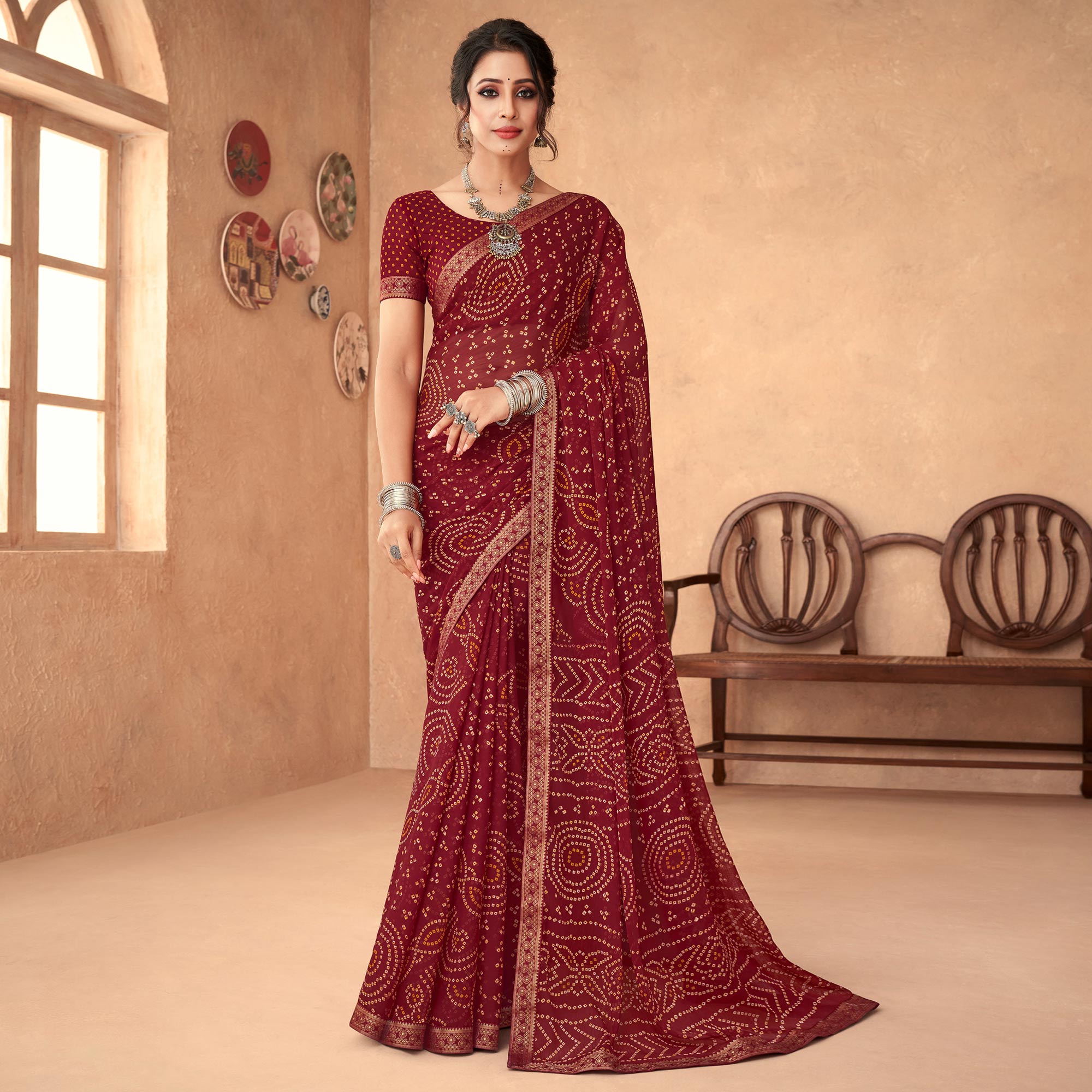 Maroon Bandhani Printed Chiffon Saree
