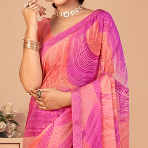 Magenta & Salmon Pink Printed Chiffon Saree With Lace Border