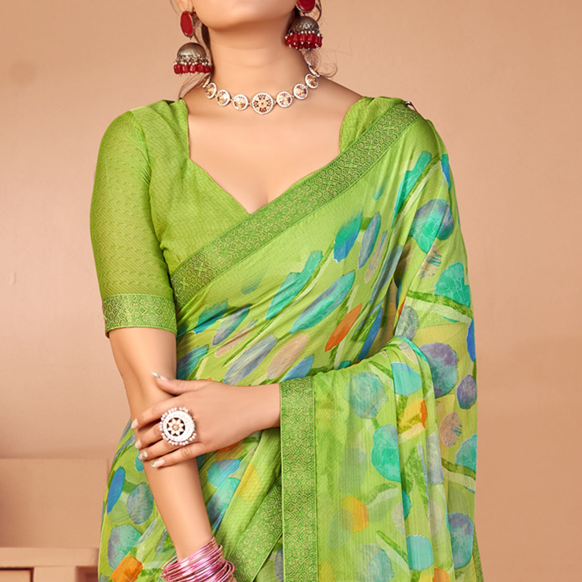 Green Printed Chiffon Saree With Lace Border