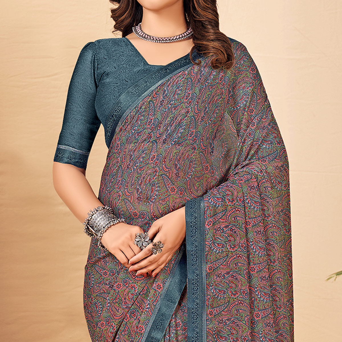 Grey Floral Printed Chiffon Saree With Lace Border