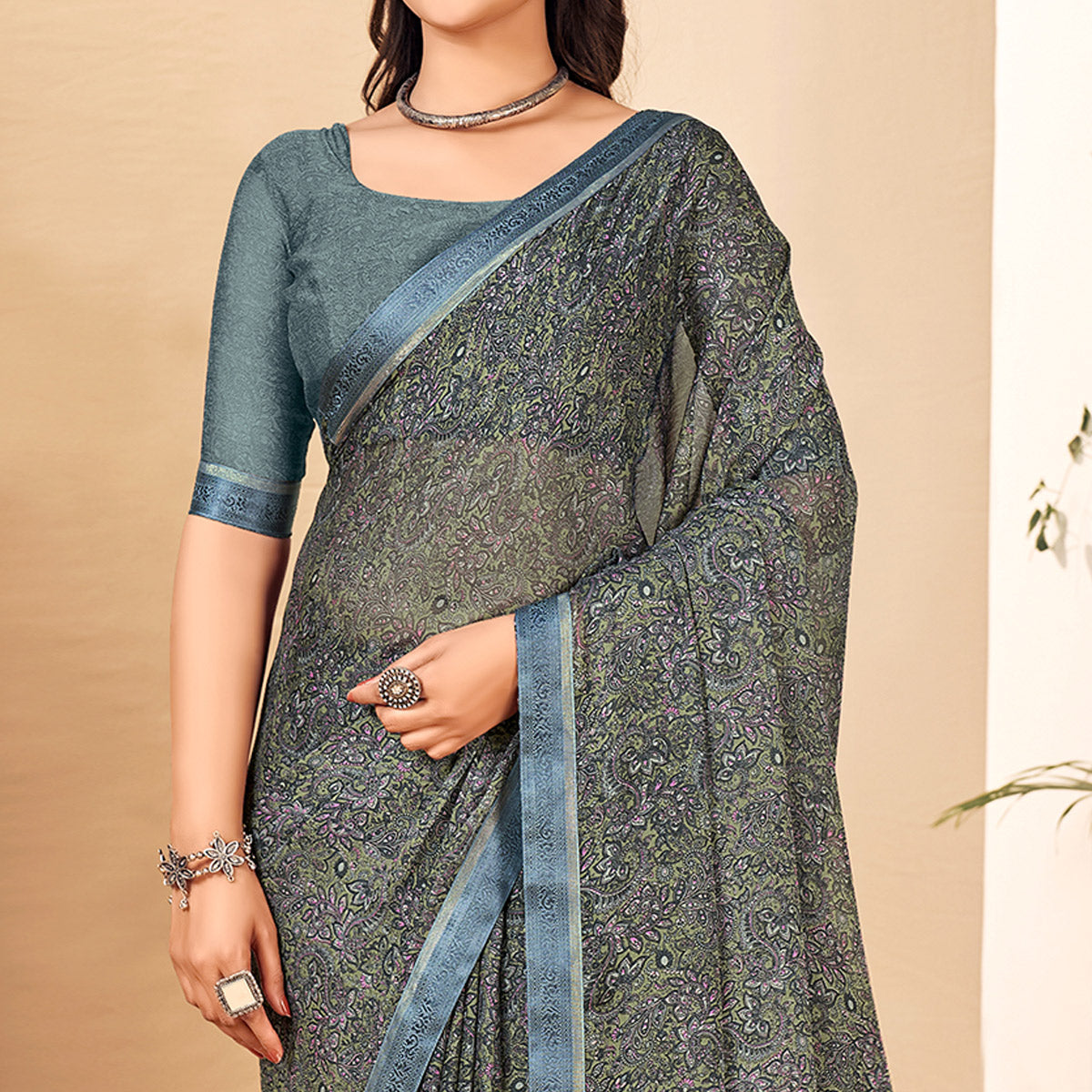 Grey Floral Printed Chiffon Saree With Lace Border