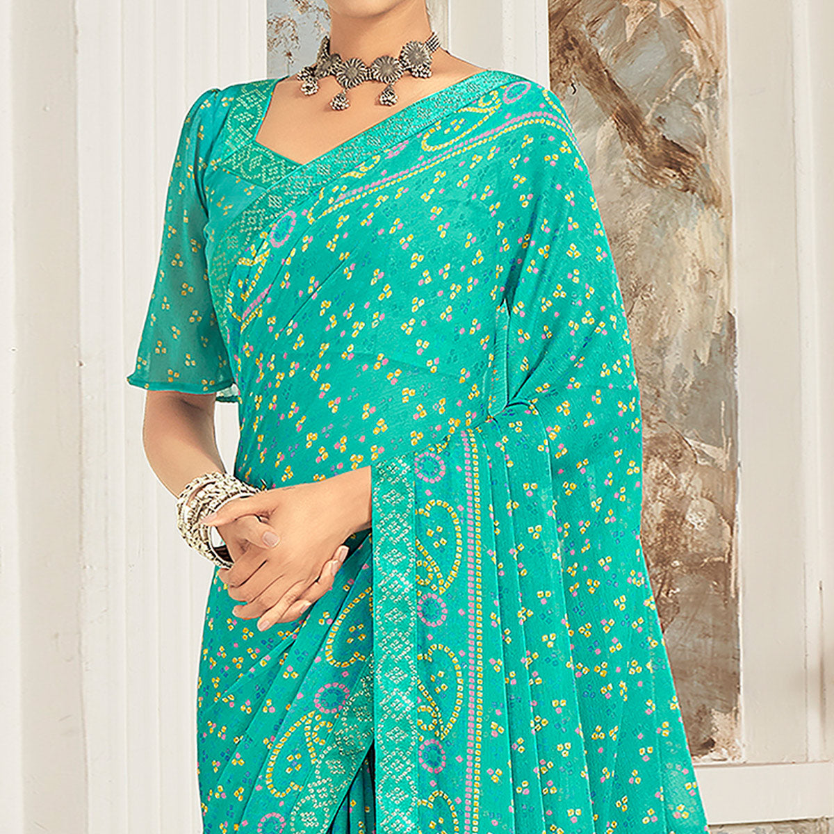 Turquoise Bandhani Printed Chiffon Saree