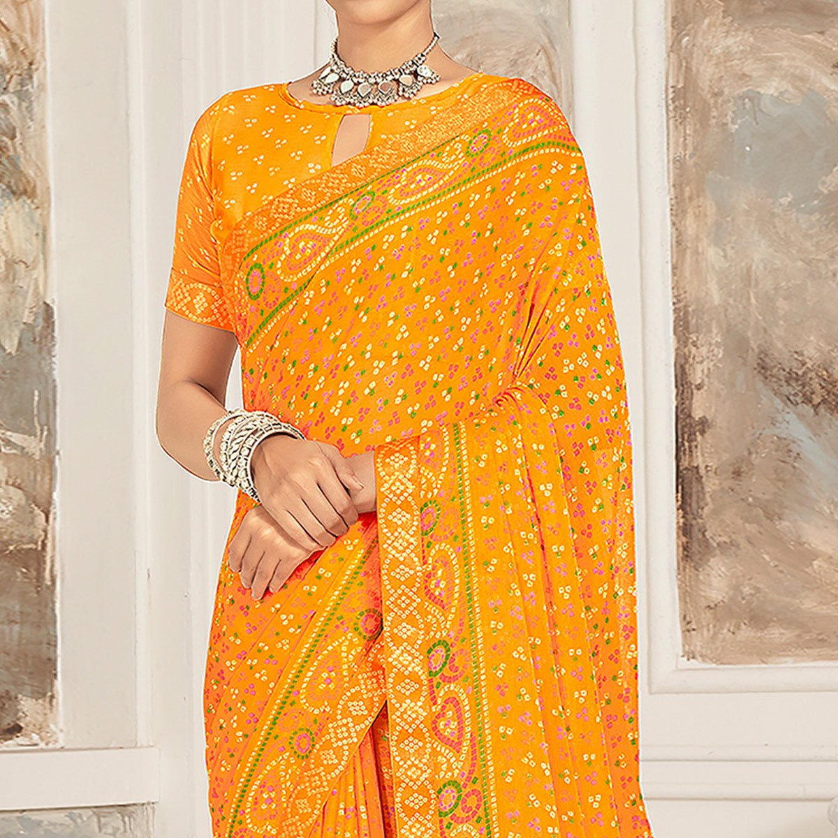 Mustard Bandhani Printed Chiffon Saree