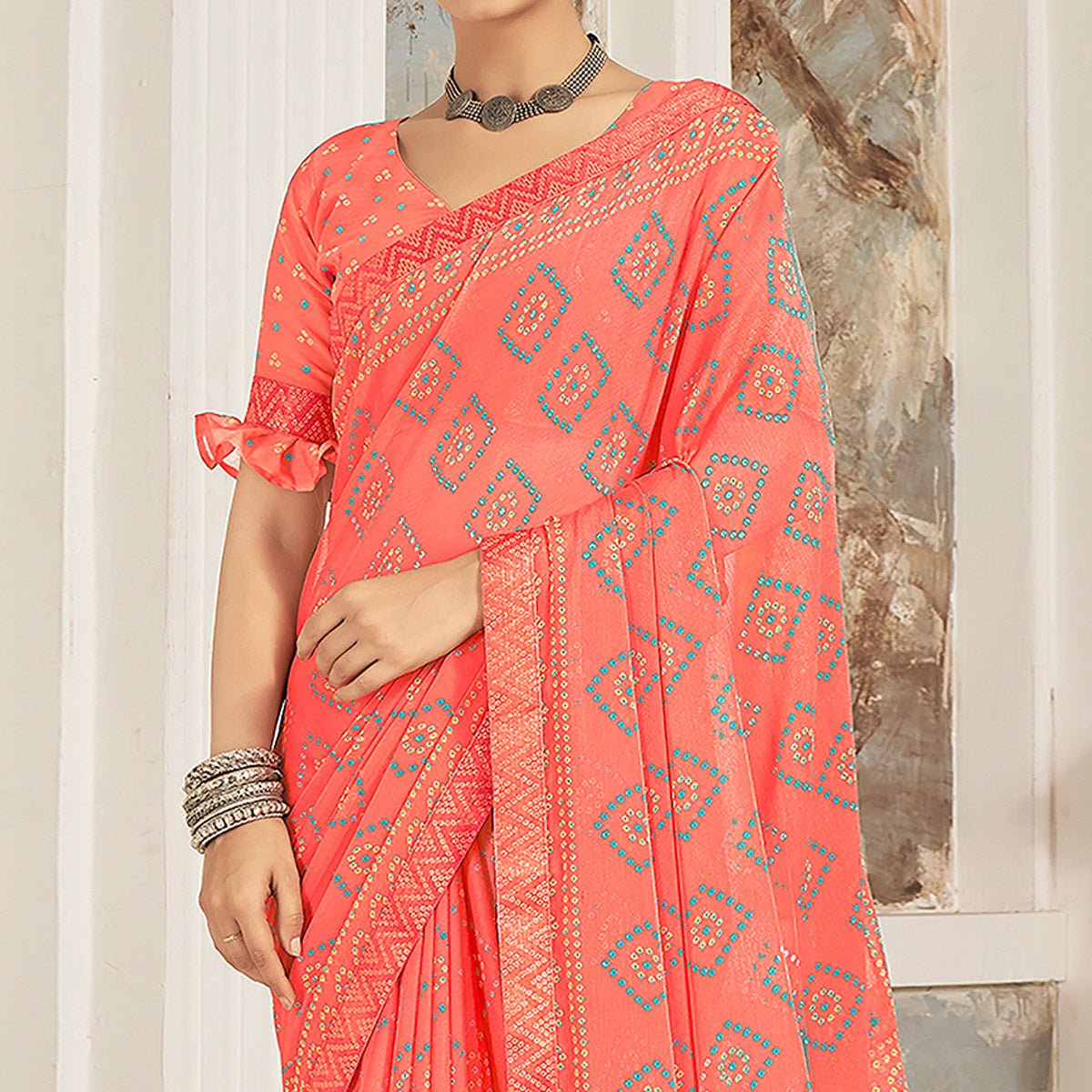 Salmon Pink Bandhani Printed Chiffon Saree