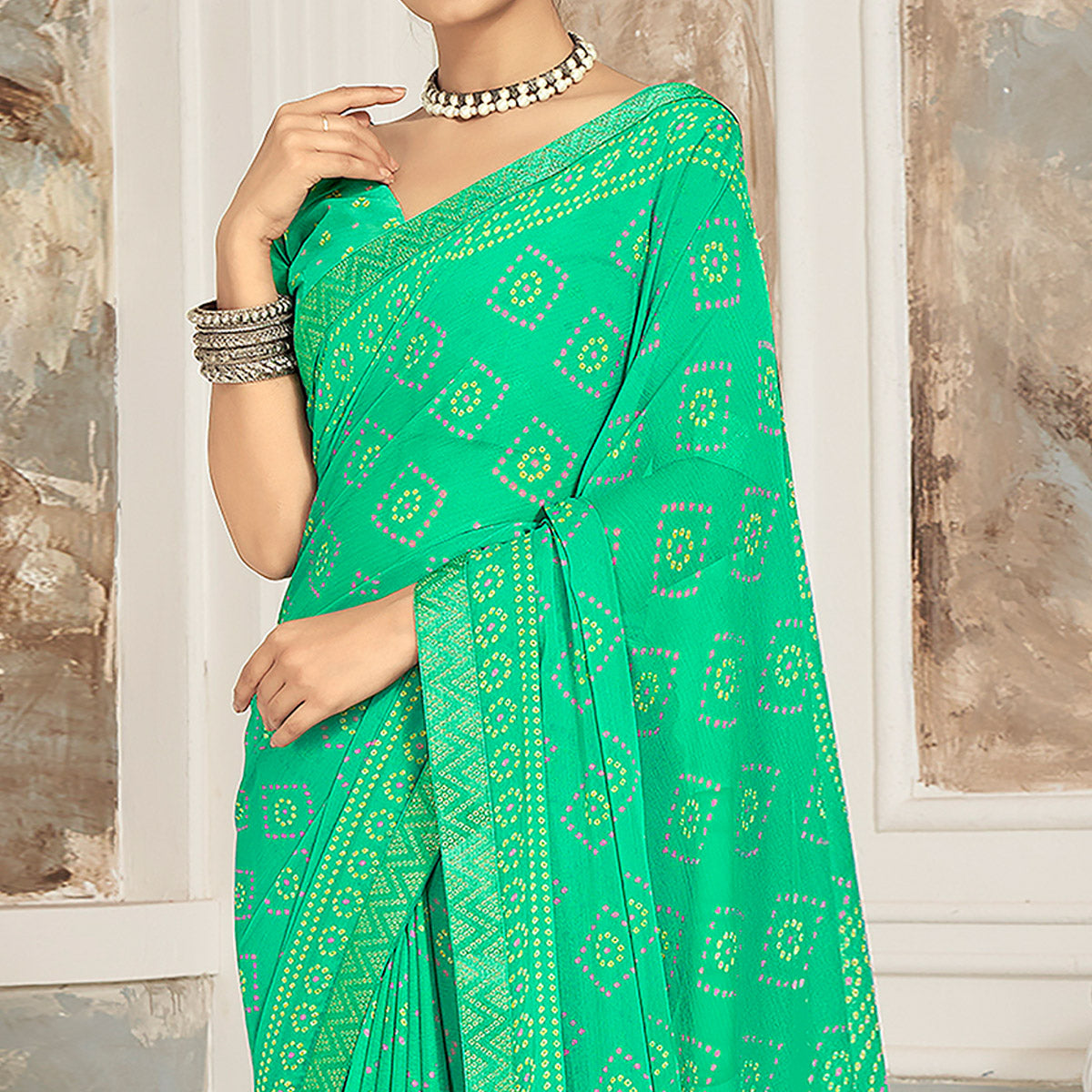 Sea Green Bandhani Printed Chiffon Saree