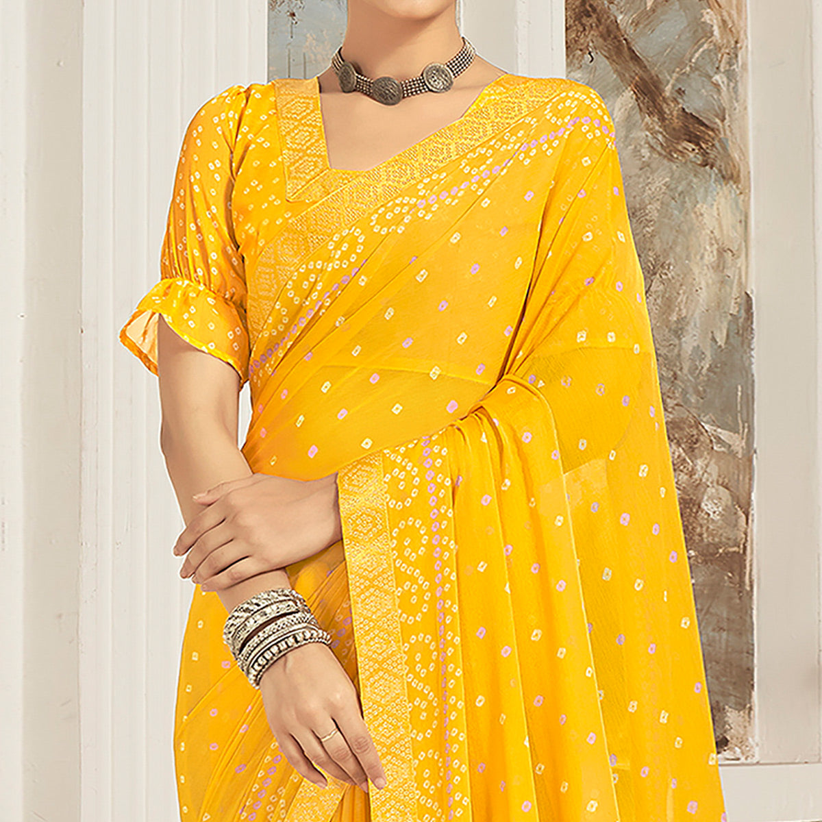 Yellow Bandhani Printed Chiffon Saree