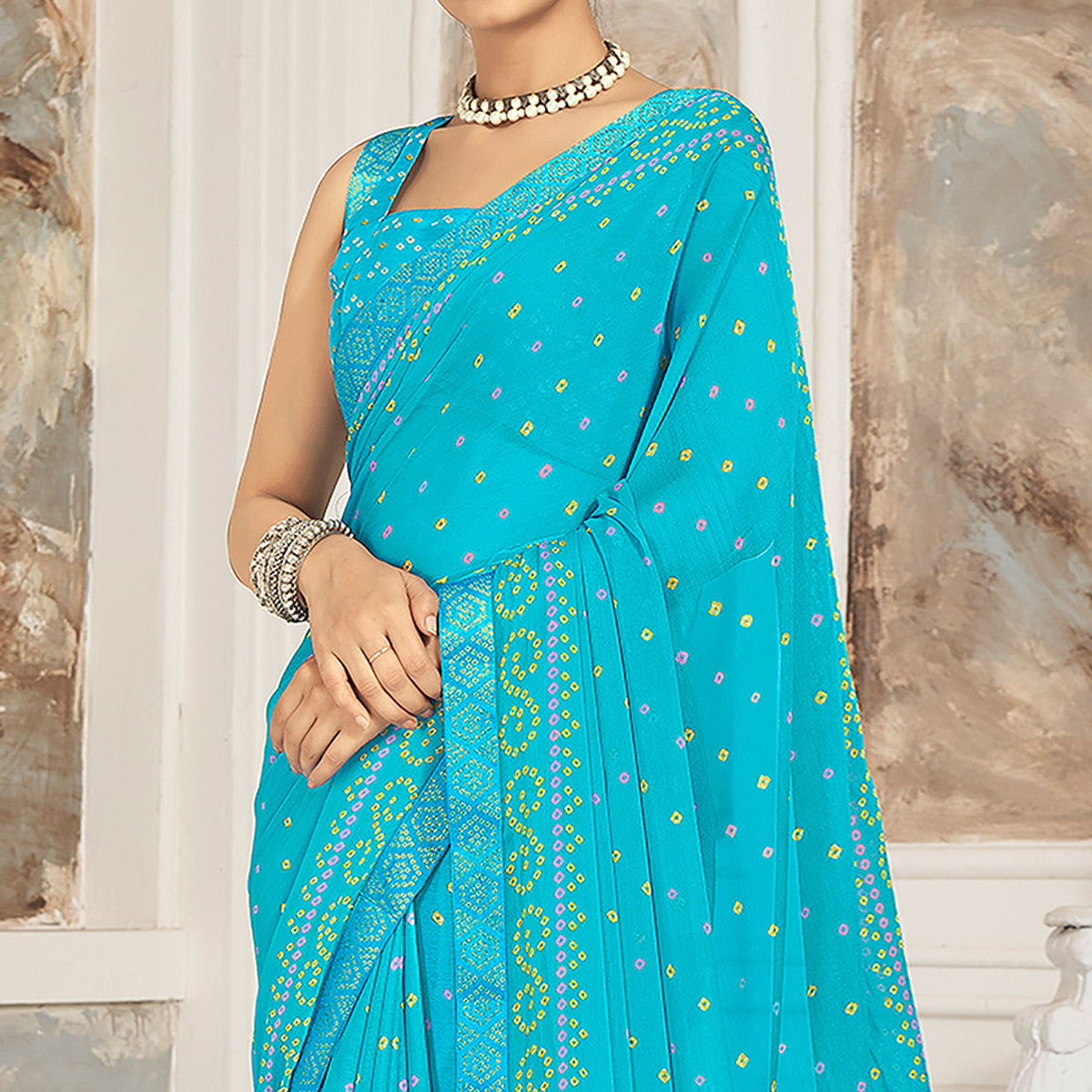 Blue Bandhani Printed Chiffon Saree