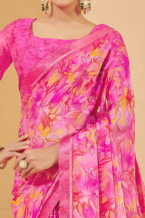 Rani Pink Chiffon Saree Adorned With Artistic Floral Print & Finely Crafted Woven Lace Border