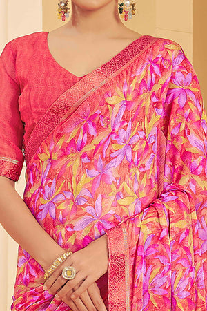 Fuchsia Pink Chiffon Saree Adorned With Artistic Floral Print & Finely Crafted Woven Lace Border