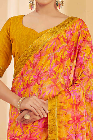 Mustard Chiffon Saree Adorned With Artistic Floral Print & Finely Crafted Woven Lace Border