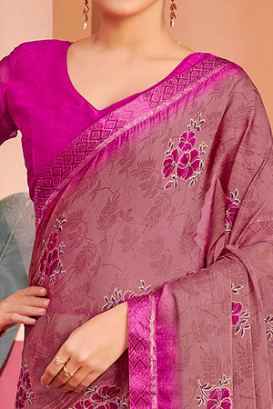Mauve Chiffon Saree Featuring Delicate Floral Prints & A Graceful Lace Border
