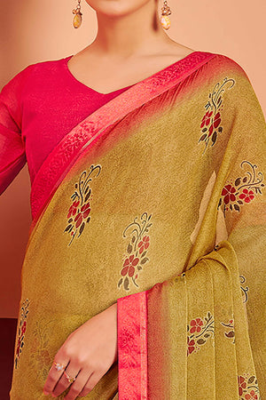 Olive Chiffon Saree Featuring Delicate Floral Prints & A Graceful Lace Border