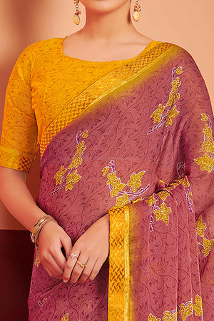 Brick Red Chiffon Saree Featuring Delicate Floral Prints & A Graceful Lace Border