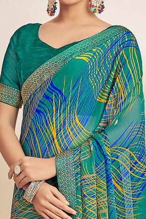 Teal Chiffon Saree Adorned With Artistic Print & Finely Crafted Woven Lace Border